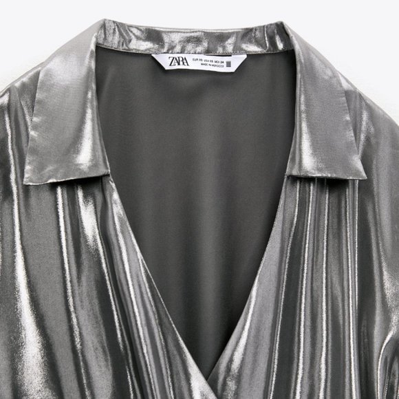 ZARA SILVER LAPEL SURPLICE WRAP EFFECT V NECK LAMINATED METALLIC DRESS $119 - Picture 6 of 13